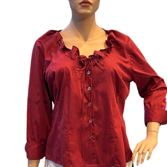 Igigi Aurelia Blouse Plus Size 22 Red Ruffled Neck Turn-Up Cuffs Button Up NWT - Picture 11 of 14